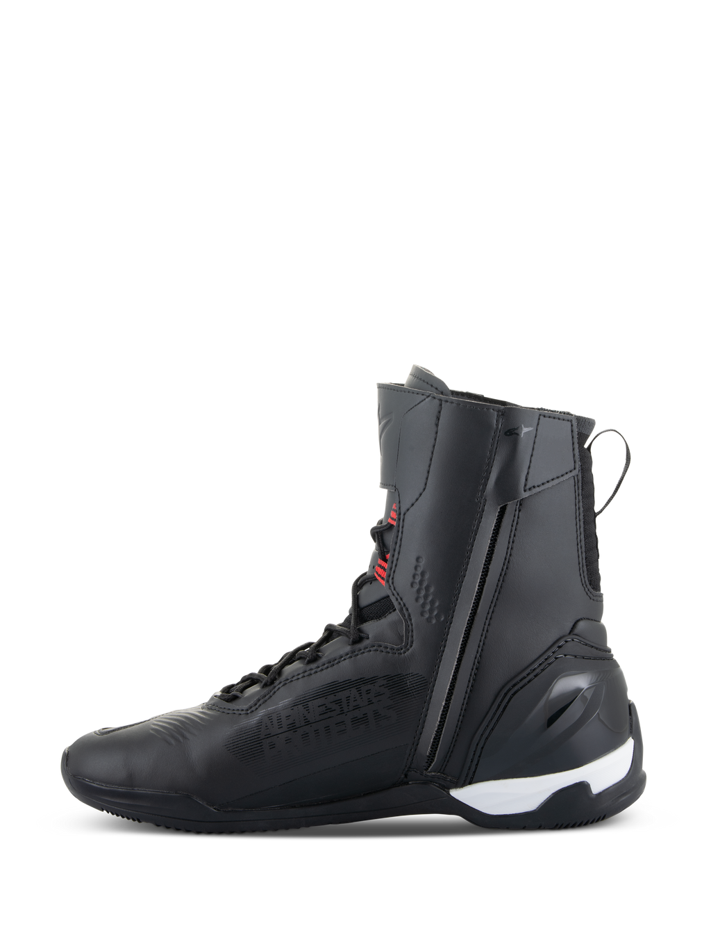 Buty Alpinestars Superfaster, wysokie buty motocyklowe, czarne z jaskrawoczerwonymi i białymi akcentami, wyposażone w zamek błyskawiczny po wewnętrznej stronie, system szybkiego sznurowania oraz wzmocniony zapiętek TPU, smukły sportowy design do jazdy szosowej i sportowej