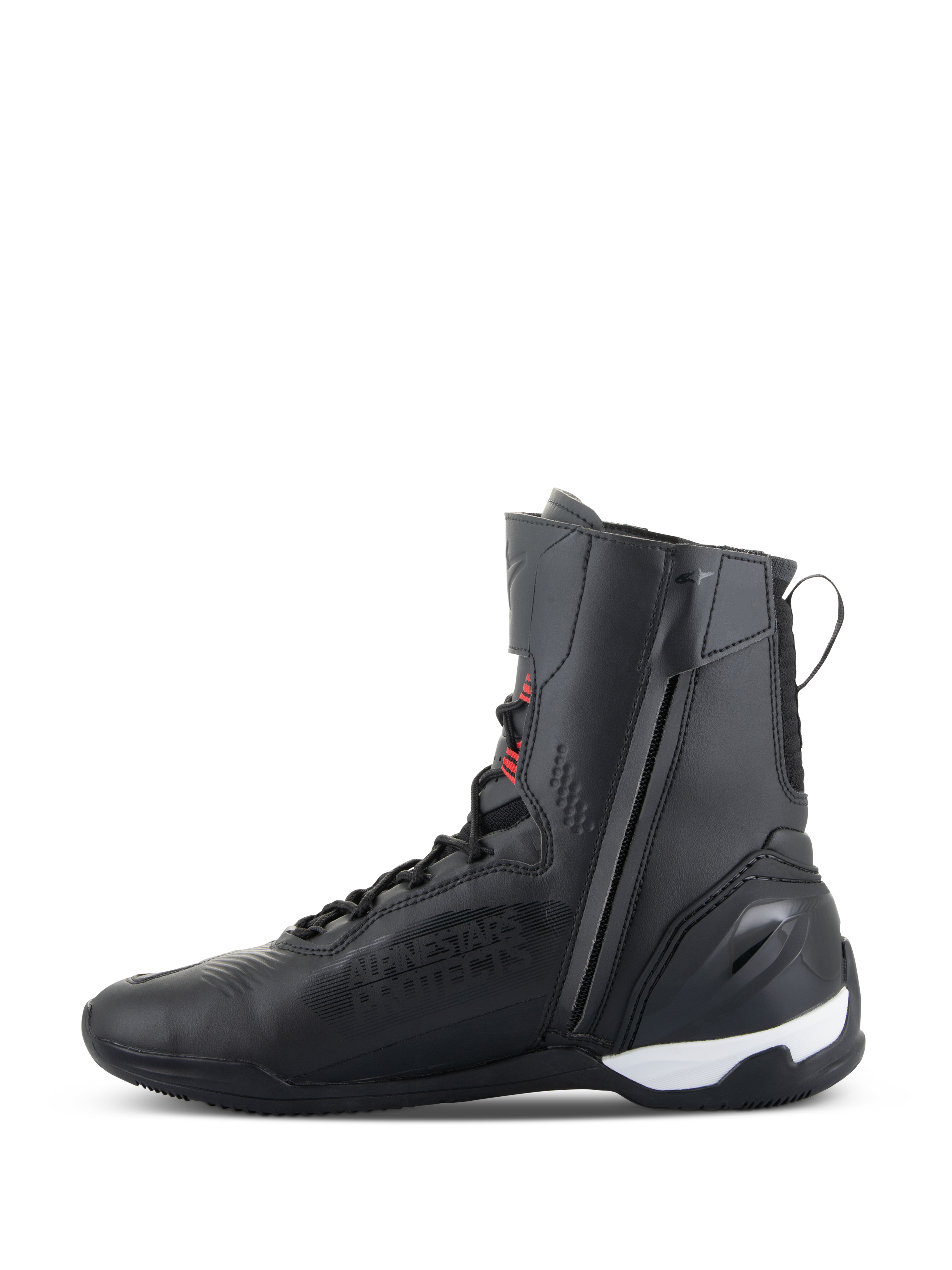 Buty Alpinestars Superfaster, wysokie buty motocyklowe, czarne z jaskrawoczerwonymi i białymi akcentami, wyposażone w zamek błyskawiczny po wewnętrznej stronie, system szybkiego sznurowania oraz wzmocniony zapiętek TPU, smukły sportowy design do jazdy szosowej i sportowej