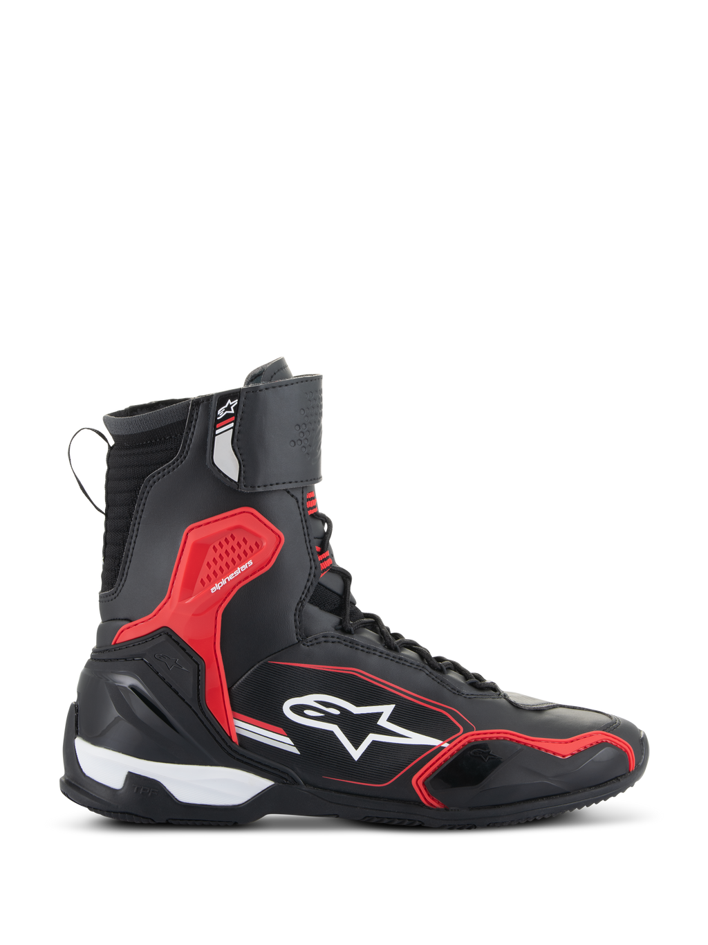 Buty Alpinestars Superfaster, czarno-czerwono-białe, wysokie buty motocyklowe z panelami z mikrofibry i materiału Rideknit, czerwone ochronne akcenty TPU, białe logo gwiazdy z boku