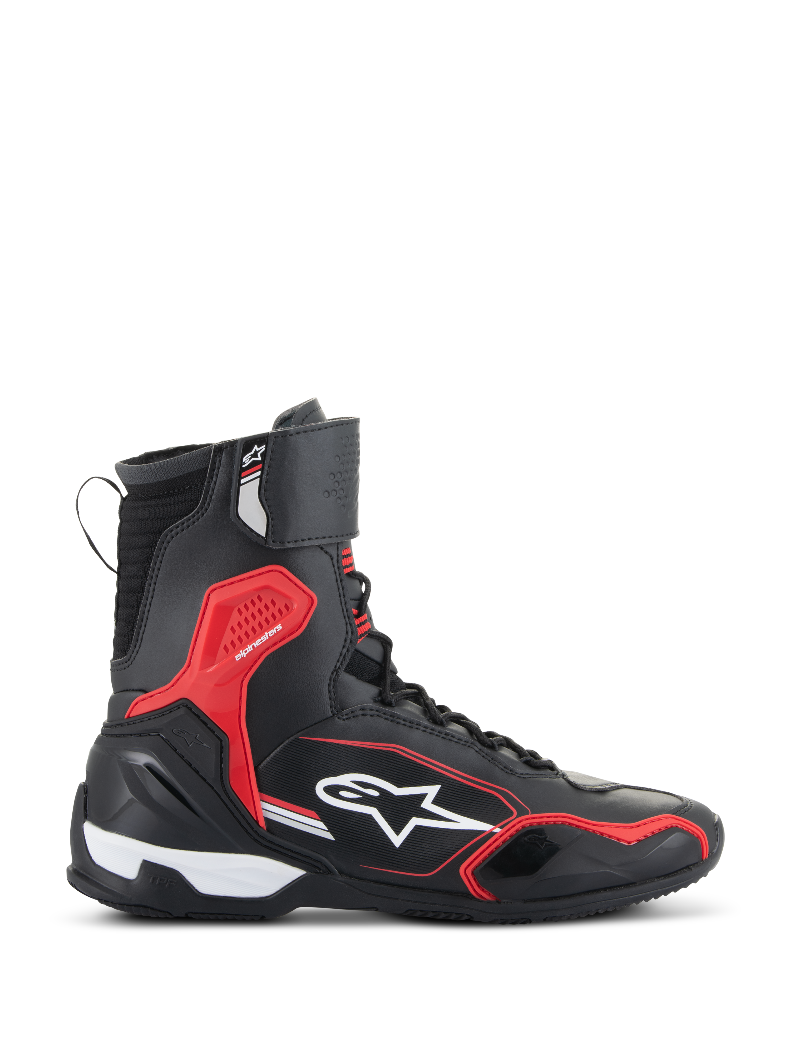 Buty Alpinestars Superfaster, czarno-czerwono-białe, wysokie buty motocyklowe z panelami z mikrofibry i materiału Rideknit, czerwone ochronne akcenty TPU, białe logo gwiazdy z boku
