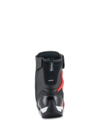 Buty Alpinestars Superfaster, buty motocyklowe, czarne, jaskrawoczerwone i białe, widok z tyłu pokazujący wzmocniony zapiętek TPU i ochraniacz na ścięgno Achillesa, wysoka techniczna konstrukcja.