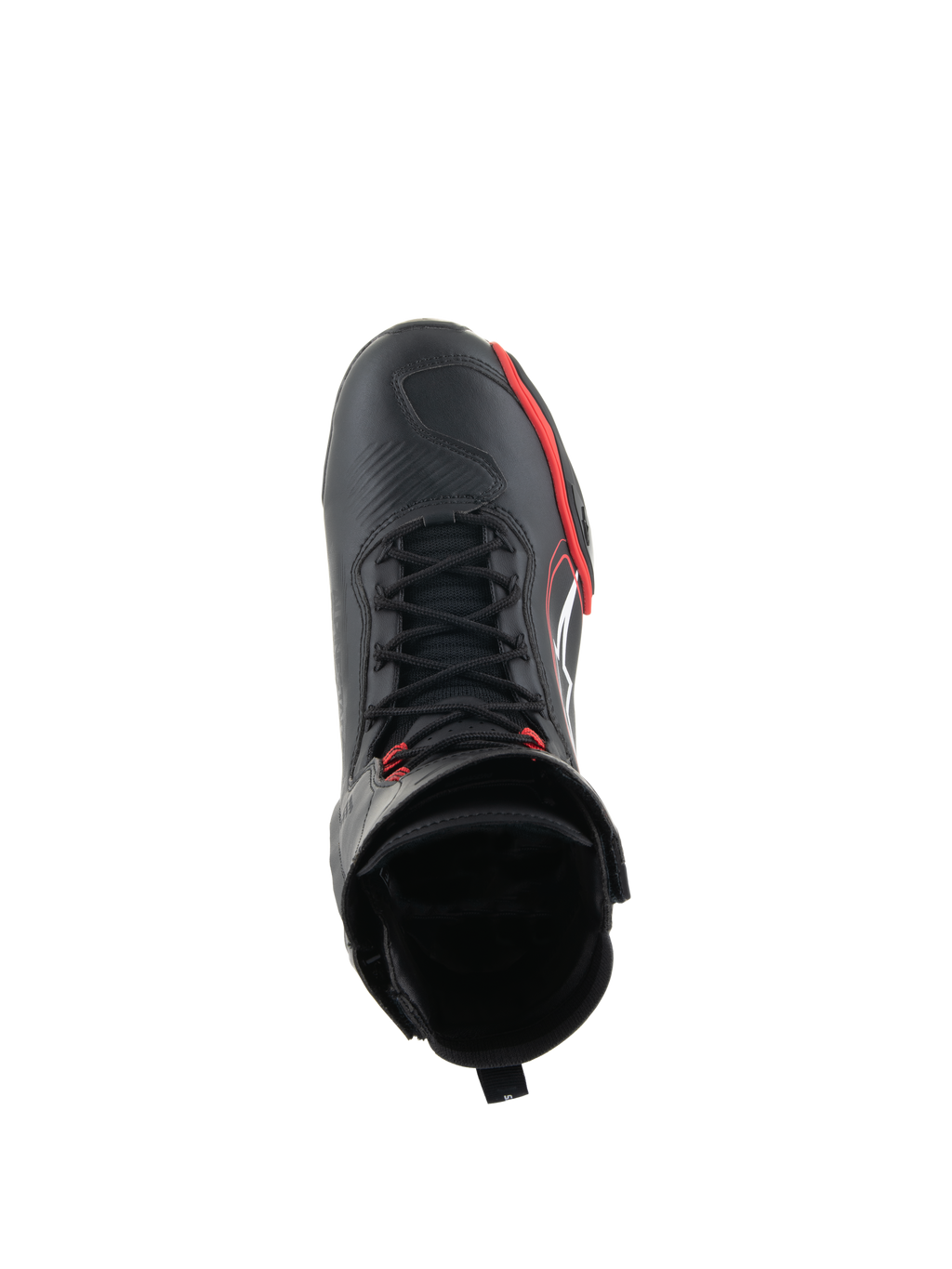 Buty Alpinestars Superfaster, motocyklowe buty do jazdy, czarne, jaskrawoczerwone i białe, widok z góry przedstawiający system szybkiego sznurowania i wysoką cholewkę, profesjonalny sprzęt do jazdy szosowej i sportowej