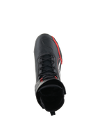 Buty Alpinestars Superfaster, motocyklowe buty do jazdy, czarne, jaskrawoczerwone i białe, widok z góry przedstawiający system szybkiego sznurowania i wysoką cholewkę, profesjonalny sprzęt do jazdy szosowej i sportowej