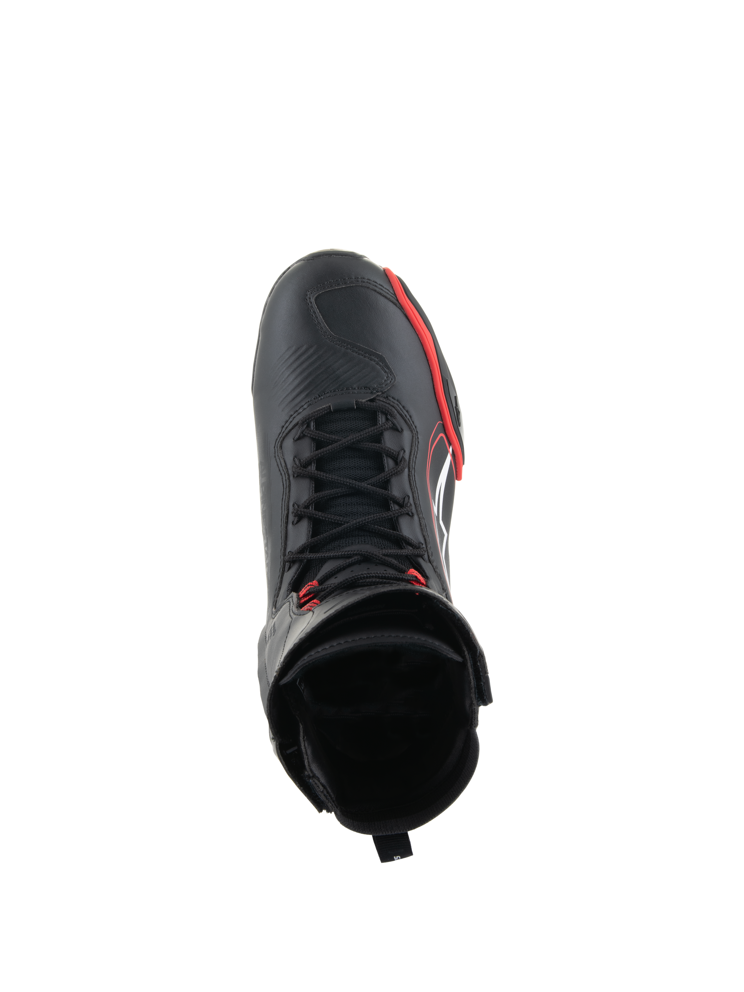 Buty Alpinestars Superfaster, motocyklowe buty do jazdy, czarne, jaskrawoczerwone i białe, widok z góry przedstawiający system szybkiego sznurowania i wysoką cholewkę, profesjonalny sprzęt do jazdy szosowej i sportowej