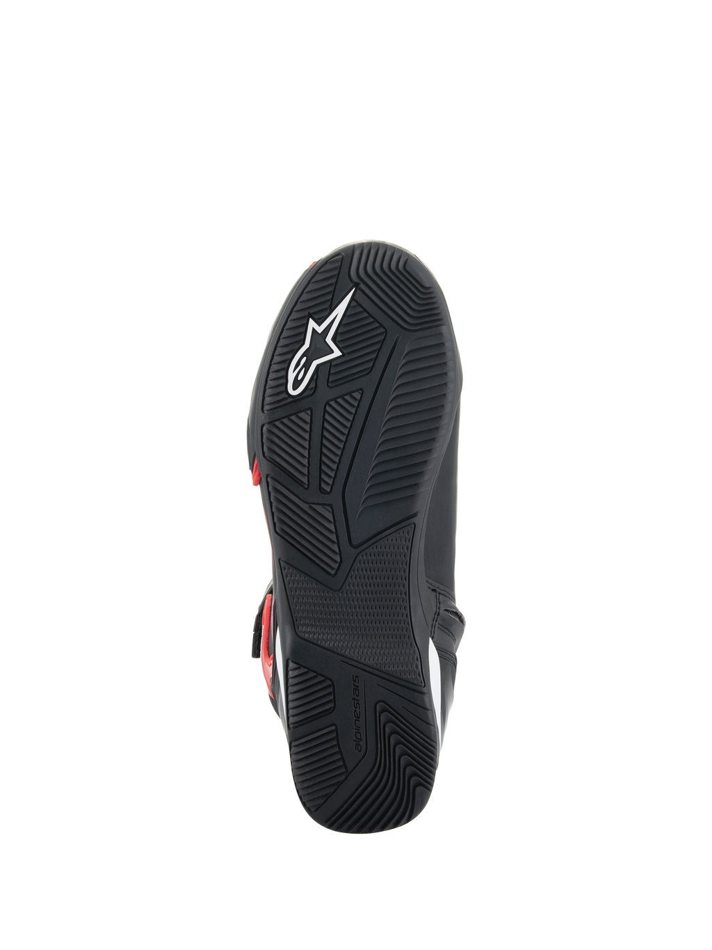 Buty Alpinestars Superfaster, widok podeszwy, czarna gumowa podeszwa zewnętrzna z zaawansowanym wzorem bieżnika, białe logo Astars i wytłoczony napis Alpinestars, zaprojektowane dla komfortu podczas jazdy motocyklem i chodzenia
