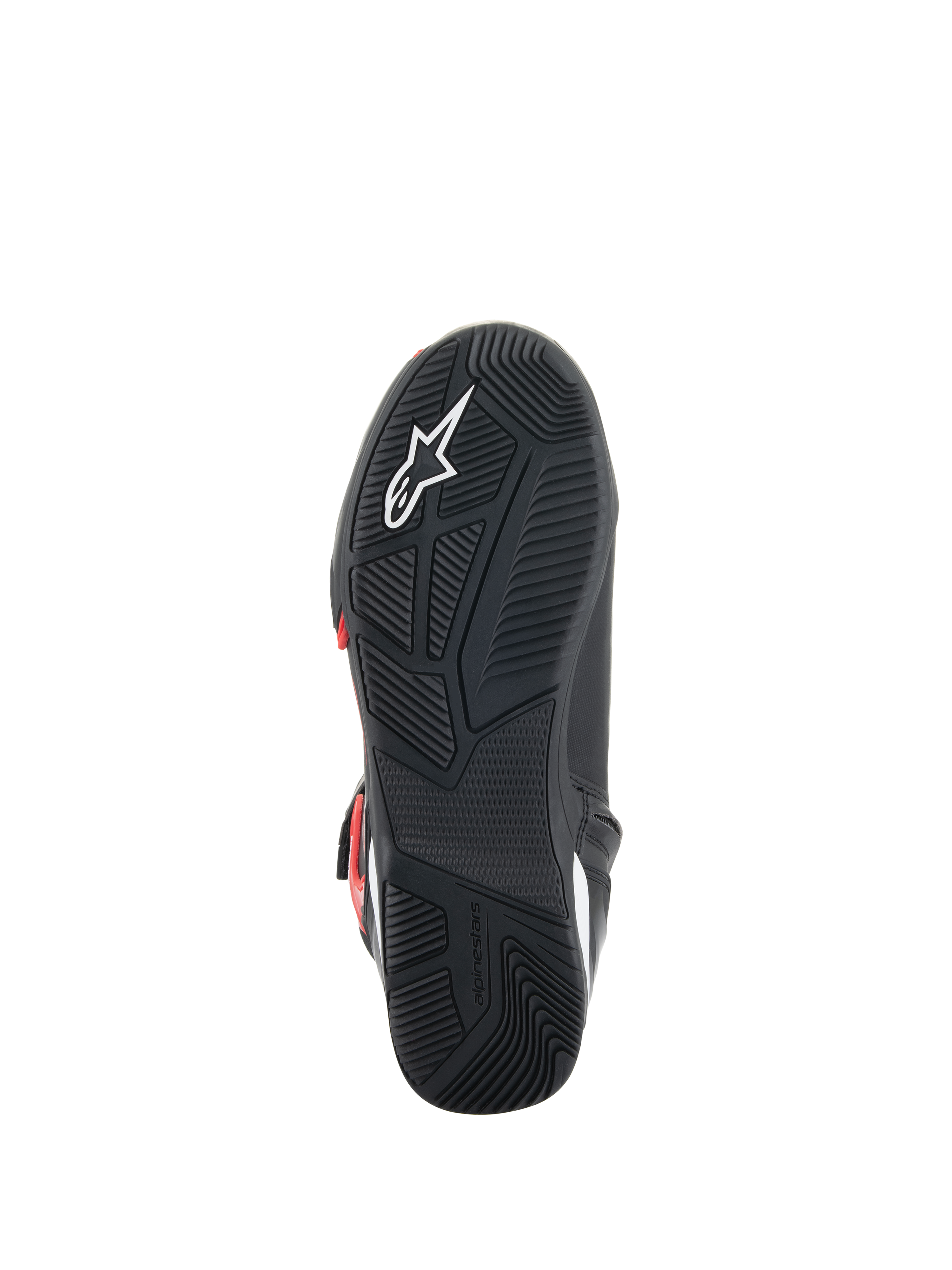 Buty Alpinestars Superfaster, widok podeszwy, czarna gumowa podeszwa zewnętrzna z zaawansowanym wzorem bieżnika, białe logo Astars i wytłoczony napis Alpinestars, zaprojektowane dla komfortu podczas jazdy motocyklem i chodzenia