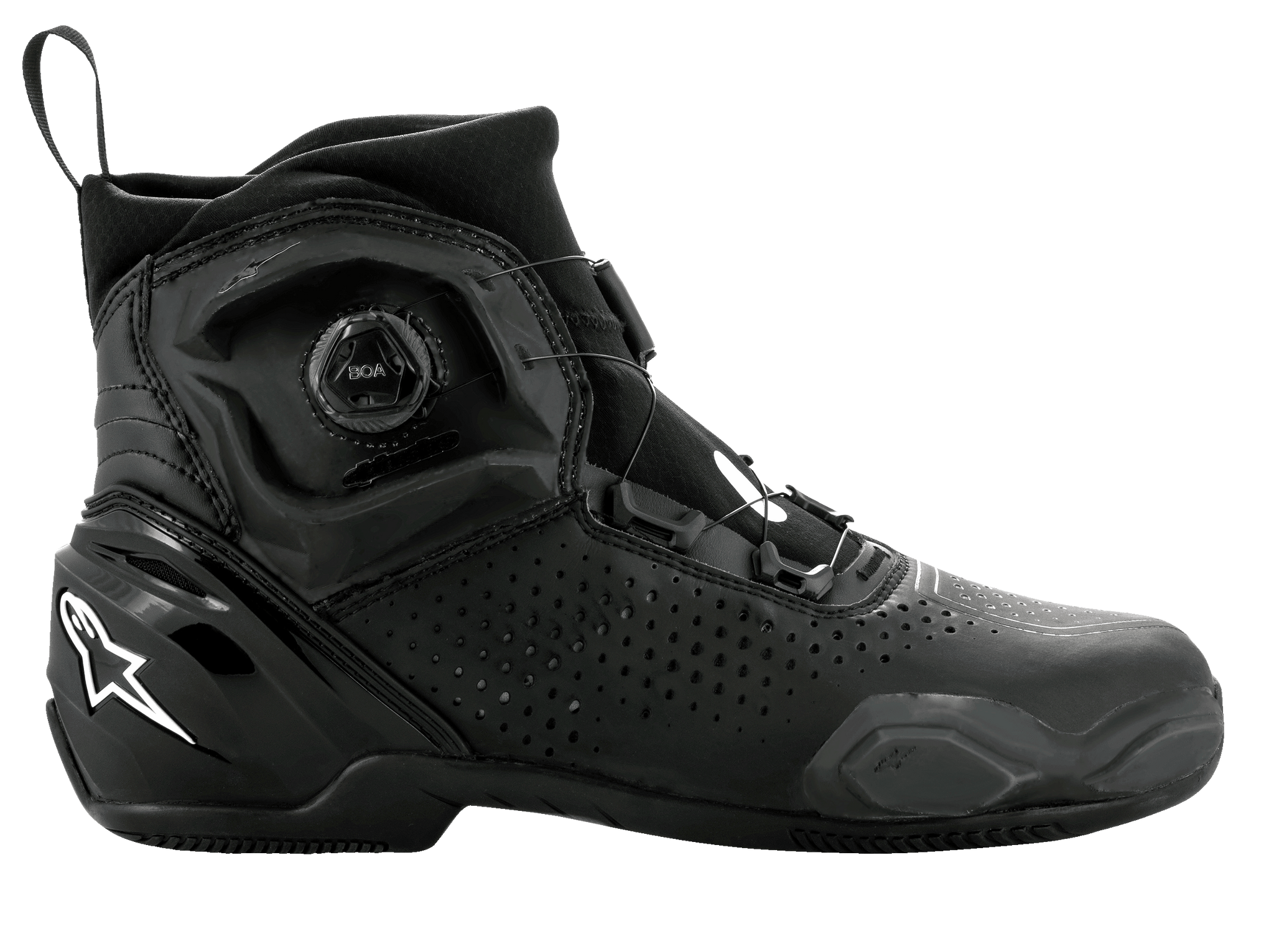 Alpinestars SP-2 Riding Shoes, sportowe buty motocyklowe, czarne, z systemem szybkiego zapięcia BOA, perforowana mikrofibra, białe logo Astar na pięcie, smukły profil do jazdy szosowej
