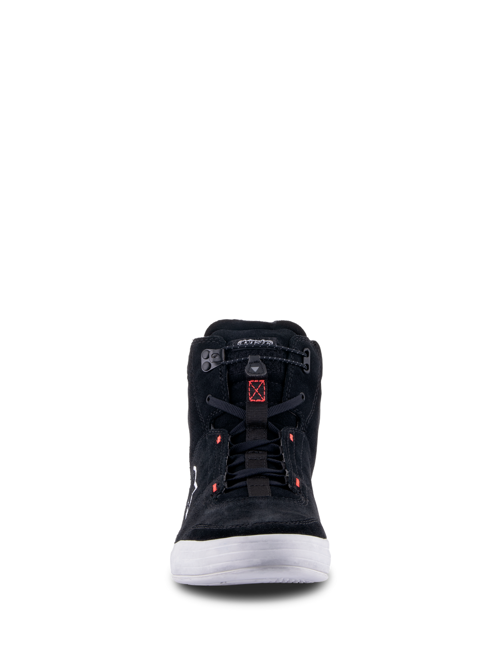 Buty Alpinestars Chrome, Black Cool Gray Red Fluo, widok z przodu miejskiego buta motocyklowego z konstrukcją z zamszu typu split, białą podeszwą i elastycznym zapięciem z czerwonymi akcentami.