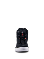 Buty Alpinestars Chrome, Black Cool Gray Red Fluo, widok z przodu miejskiego buta motocyklowego z konstrukcją z zamszu typu split, białą podeszwą i elastycznym zapięciem z czerwonymi akcentami.