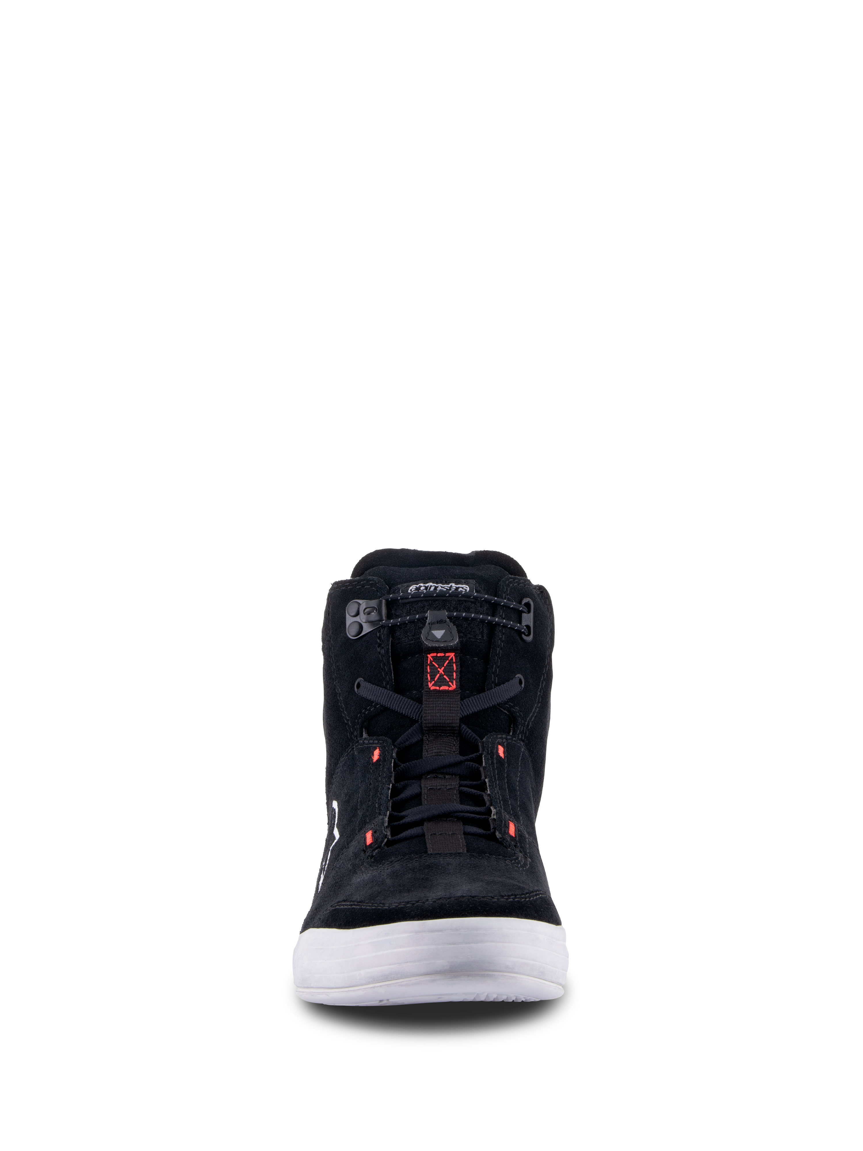 Buty Alpinestars Chrome, Black Cool Gray Red Fluo, widok z przodu miejskiego buta motocyklowego z konstrukcją z zamszu typu split, białą podeszwą i elastycznym zapięciem z czerwonymi akcentami.