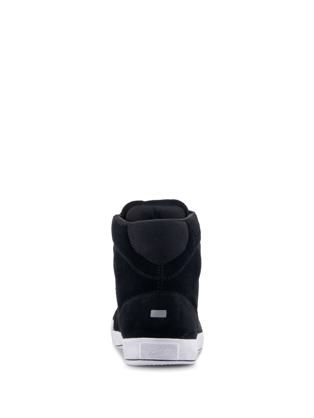 Alpinestars Chrome Shoes, miejskie buty motocyklowe, czarno-białe, widok z tyłu ukazujący konstrukcję z zamszu, biała gumowa podeszwa z logo na pięcie i mały odblaskowy prostokątny detal.