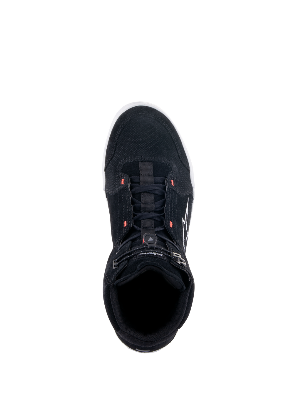Buty Alpinestars Chrome, czarne buty motocyklowe, widok z góry prezentujący zamszową cholewkę z czerwonymi akcentami fluo, miejski styl casual z elastycznym zapięciem u góry i białym logo z boku