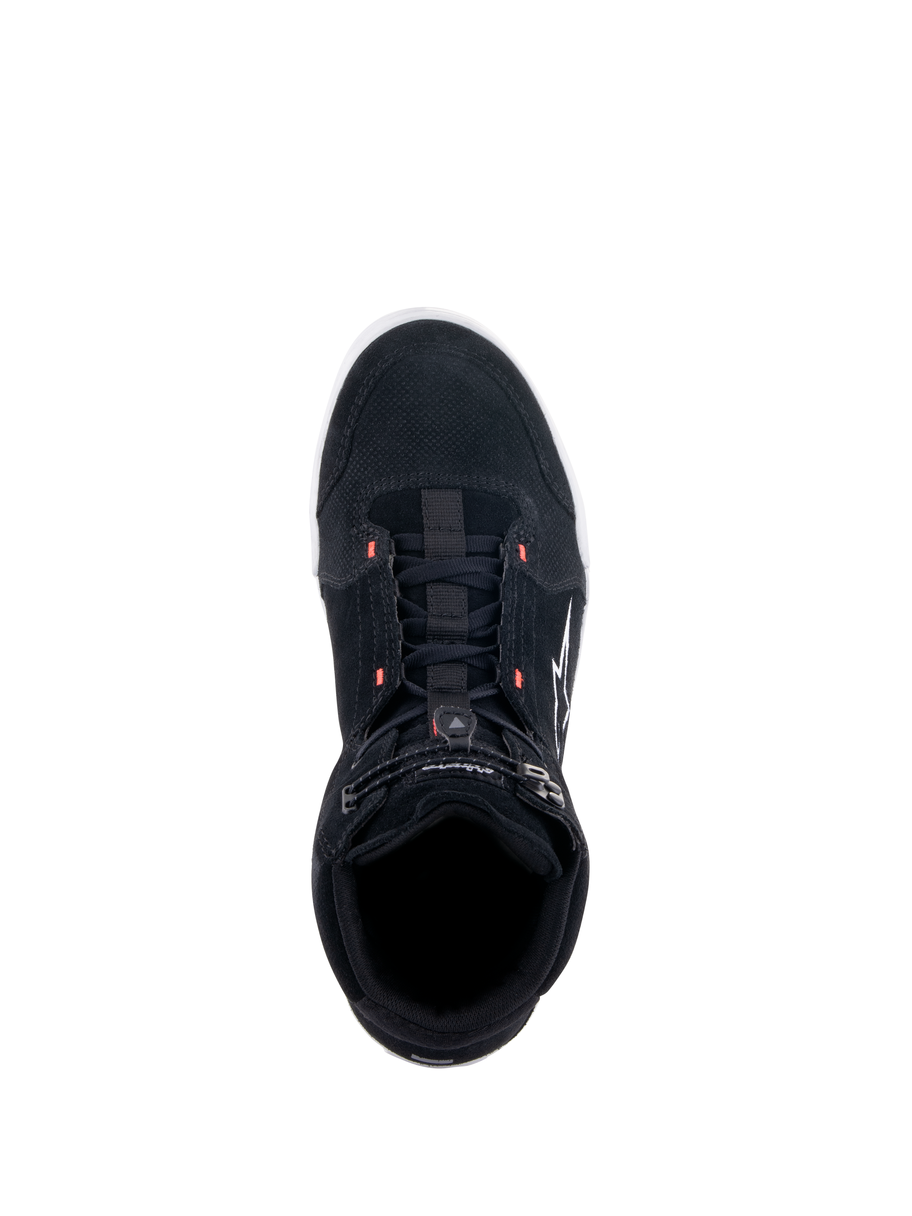 Buty Alpinestars Chrome, czarne buty motocyklowe, widok z góry prezentujący zamszową cholewkę z czerwonymi akcentami fluo, miejski styl casual z elastycznym zapięciem u góry i białym logo z boku