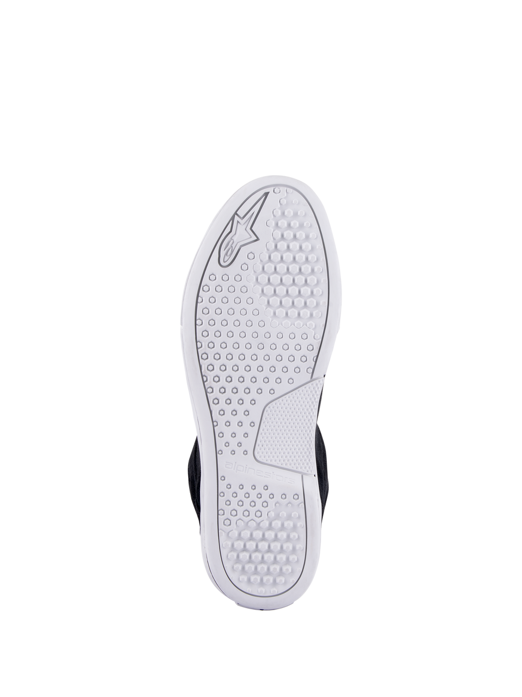 Alpinestars Chrome Shoes, widok białej zaawansowanej miejskiej podeszwy, z sześciokątnym wzorem bieżnika i wytłoczonym logo Alpinestars, codzienne obuwie motocyklowe