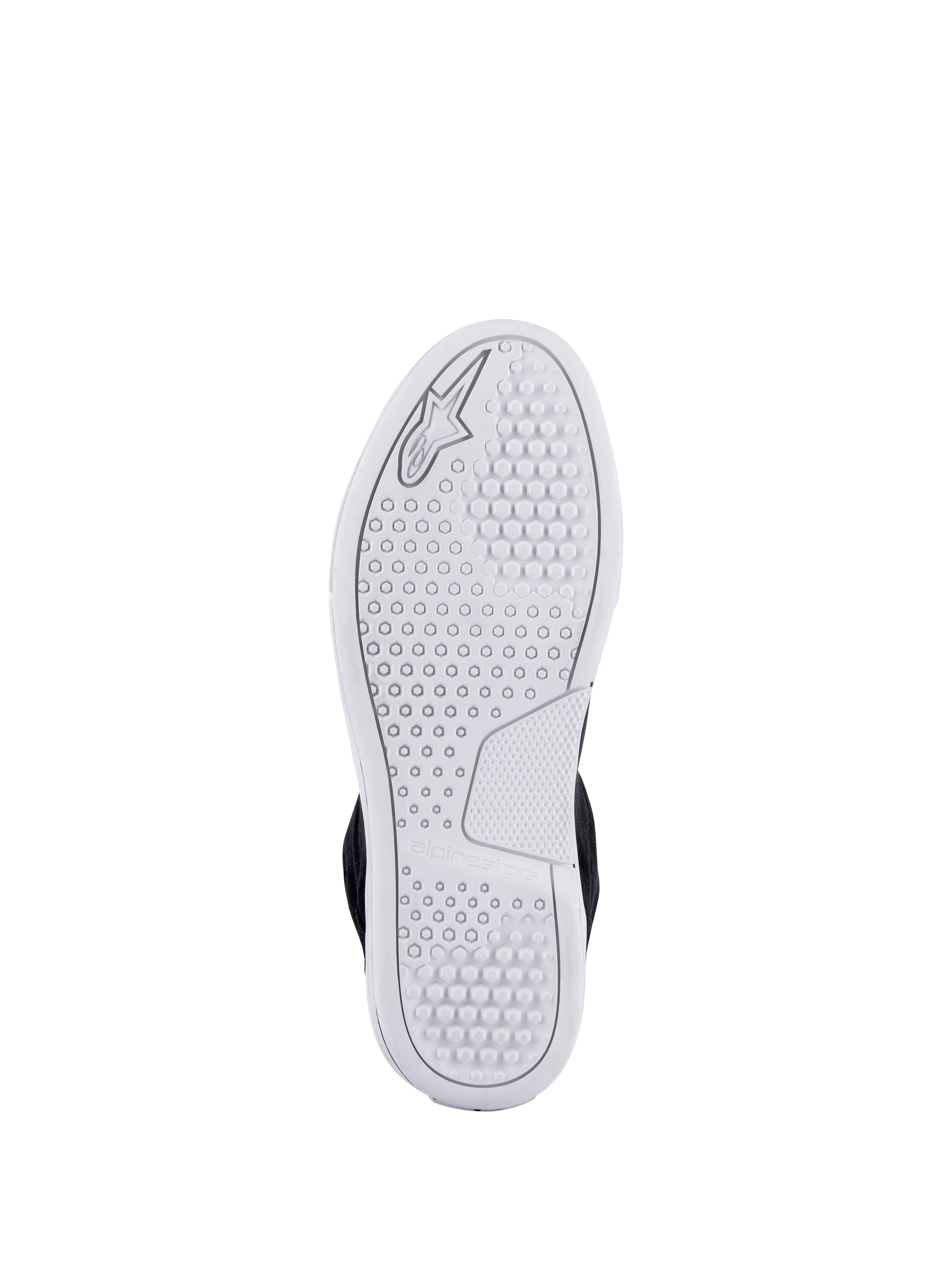 Alpinestars Chrome Shoes, widok białej zaawansowanej miejskiej podeszwy, z sześciokątnym wzorem bieżnika i wytłoczonym logo Alpinestars, codzienne obuwie motocyklowe