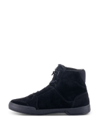 Alpinestars Chrome Shoes, Urban Motorcycle Riding Shoes, Black Black, side profile view showing split suede upper and flat rubber cup sole, high-top silhouette with casual streetwear styling.