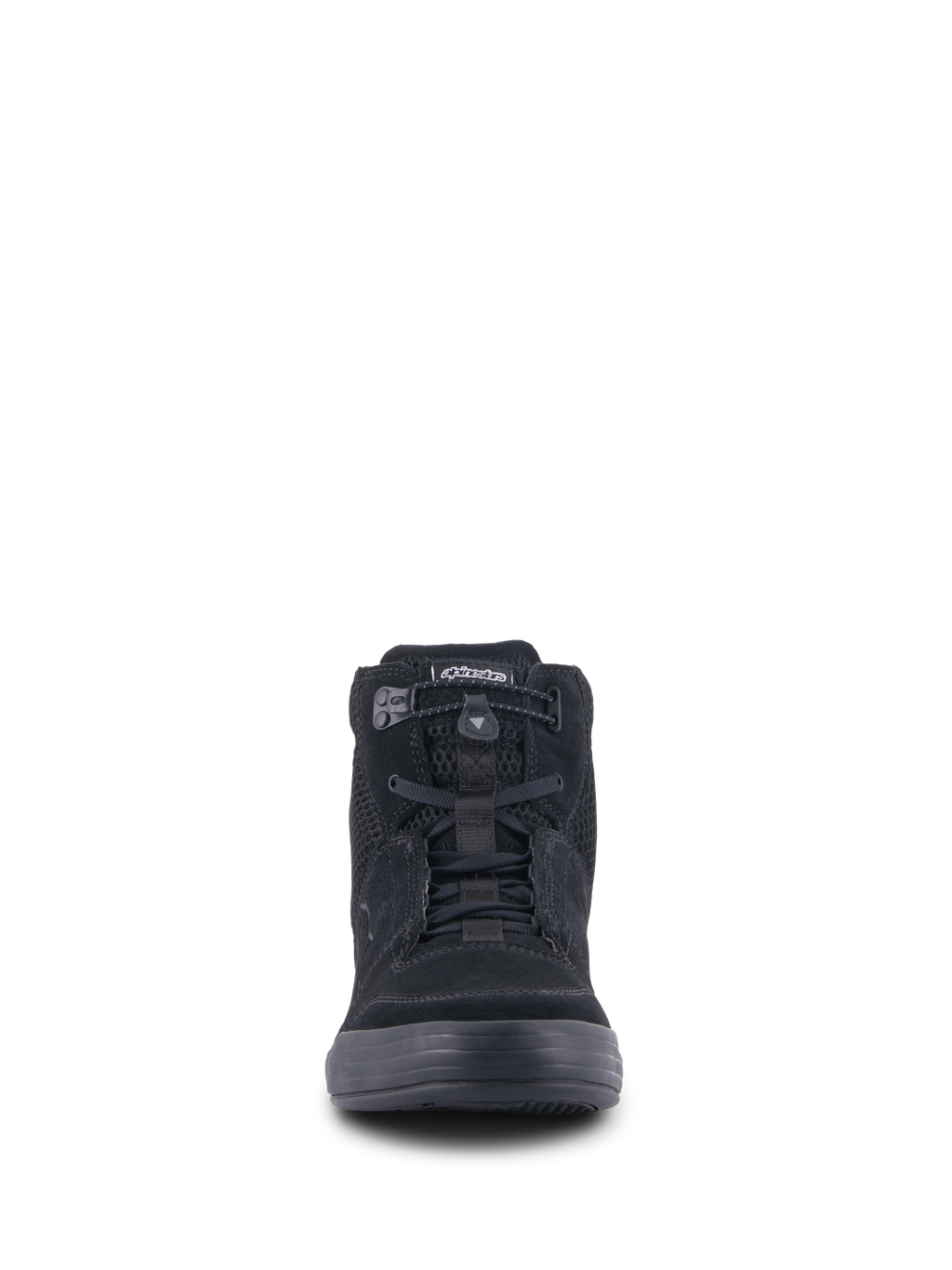 Alpinestars Chrome Air Shoe, miejskie buty motocyklowe, czarne, widok z przodu ukazujący cholewkę z zamszu i siatki, elastyczne zapięcie na sznurowadła i swobodny design wysokich sneakerów
