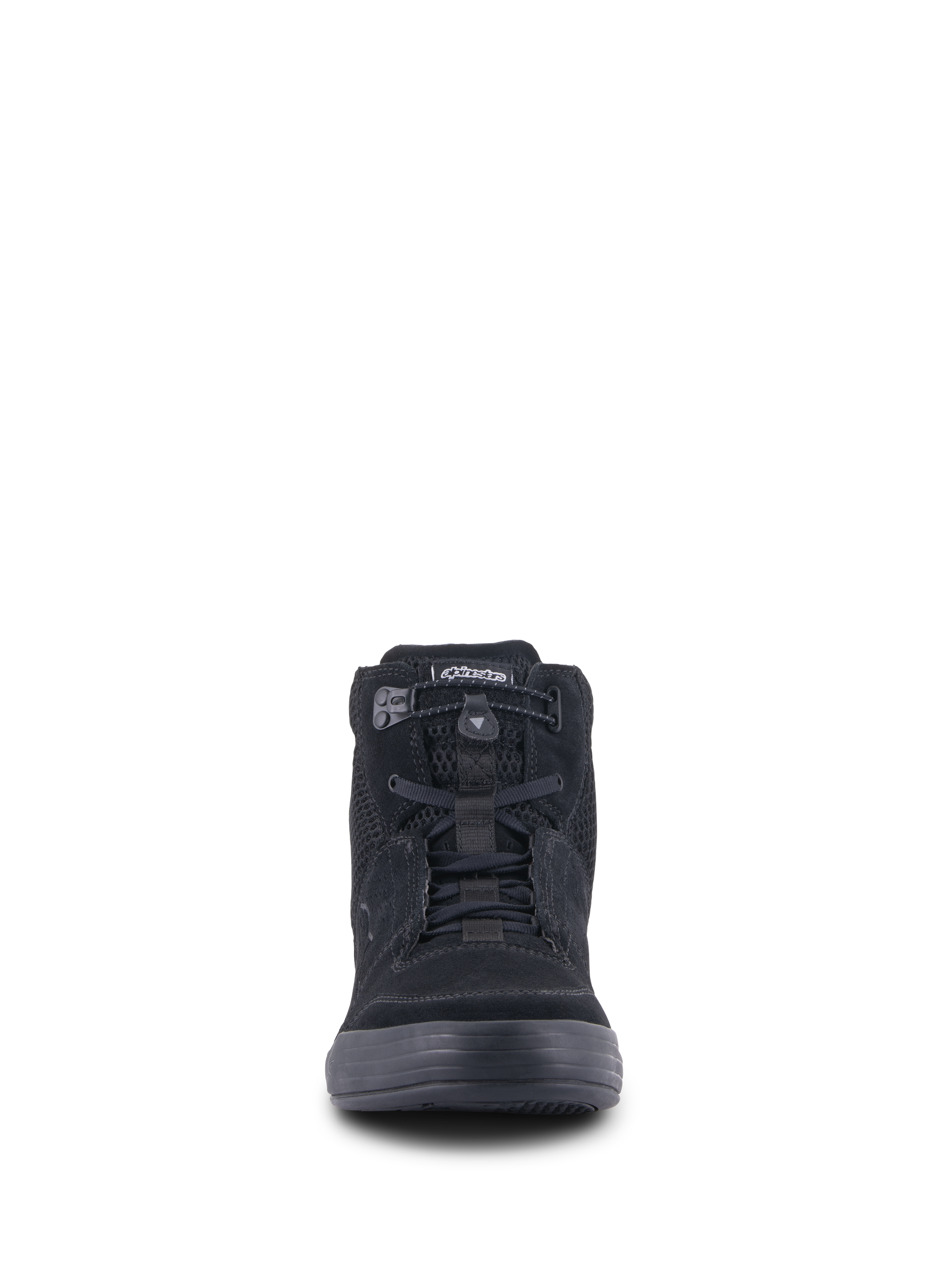 Alpinestars Chrome Air Shoe, miejskie buty motocyklowe, czarne, widok z przodu ukazujący cholewkę z zamszu i siatki, elastyczne zapięcie na sznurowadła i swobodny design wysokich sneakerów