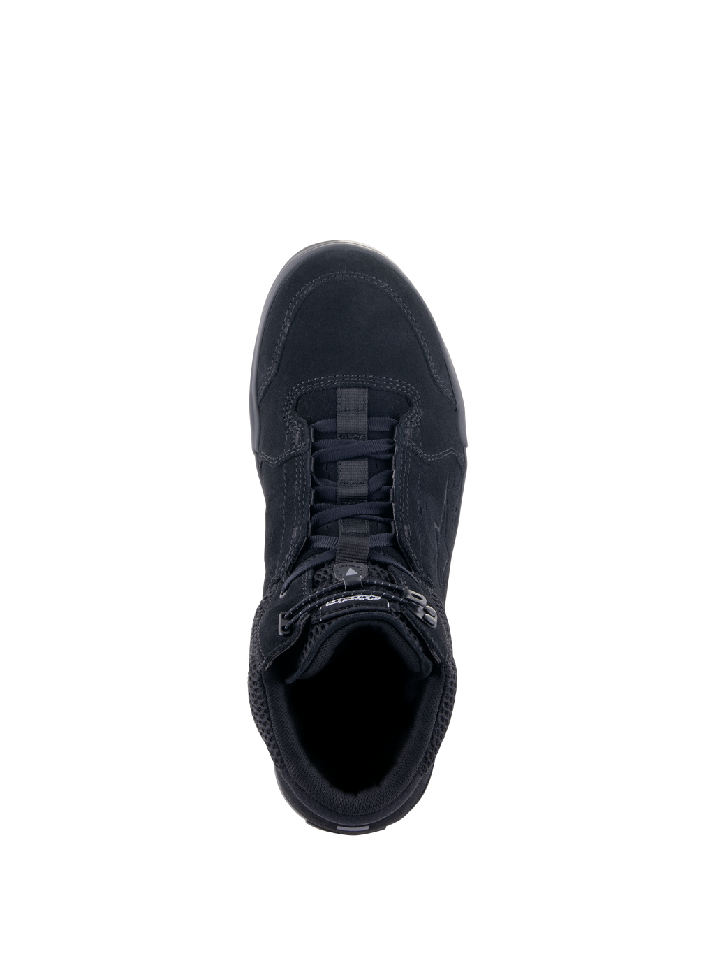 Alpinestars Chrome Air Shoe, miejskie buty motocyklowe, czarne, widok z góry pokazujący cholewkę z zamszu i siatki, system sznurowania z elastycznym zapięciem, swobodny design sneakersów do codziennej jazdy miejskiej