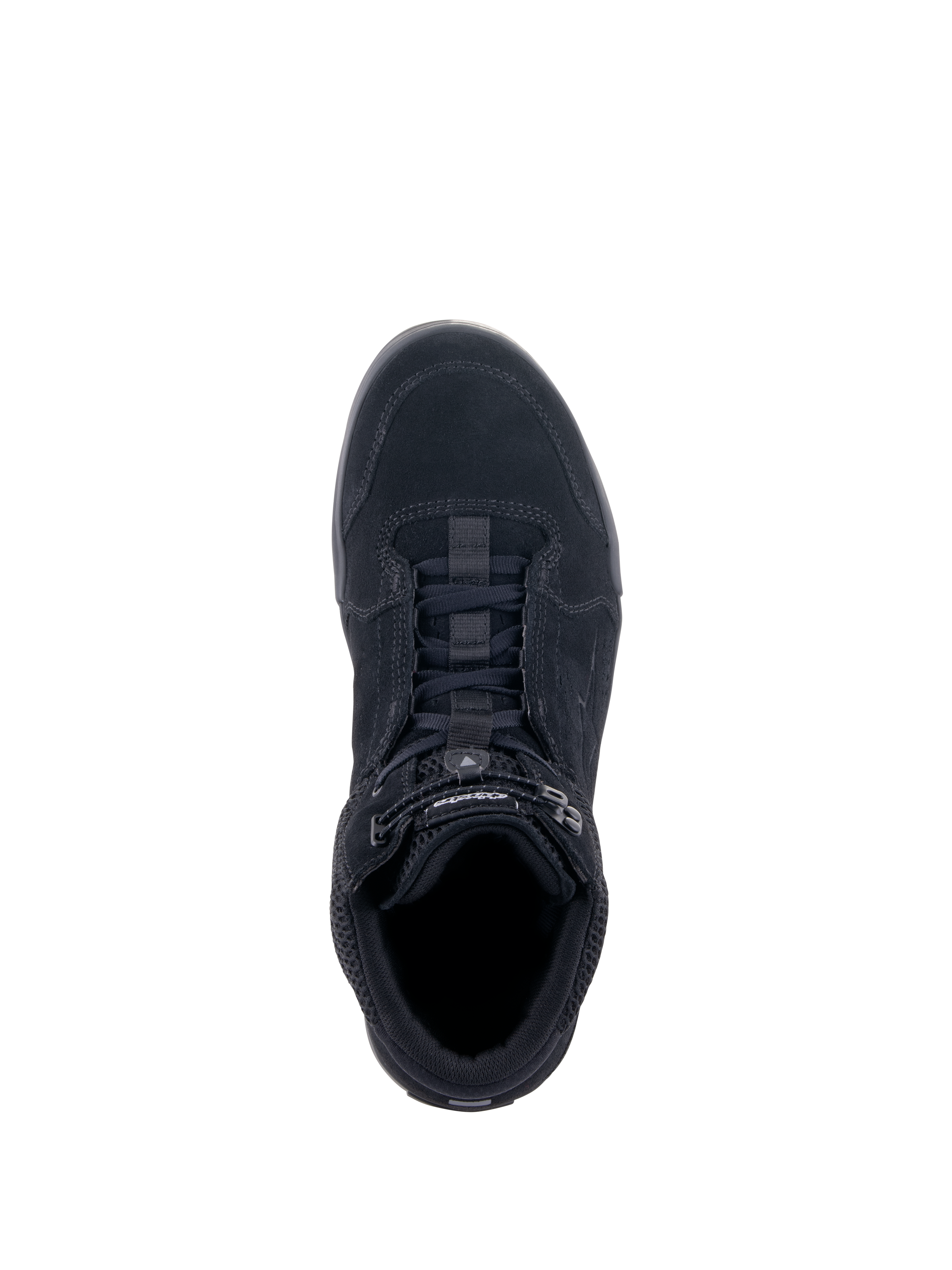 Alpinestars Chrome Air Shoe, miejskie buty motocyklowe, czarne, widok z góry pokazujący cholewkę z zamszu i siatki, system sznurowania z elastycznym zapięciem, swobodny design sneakersów do codziennej jazdy miejskiej