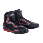 Alpinestars FQ20 Faster-3 Rideknit® Shoes, motorcycle riding shoes, Black and Bright Red, featuring red and white graphic patterns with Fabio Quartararo's number 20, knitted mesh and microfiber construction, Alpinestars logo on the ankle strap, sporty urban design for road riding.