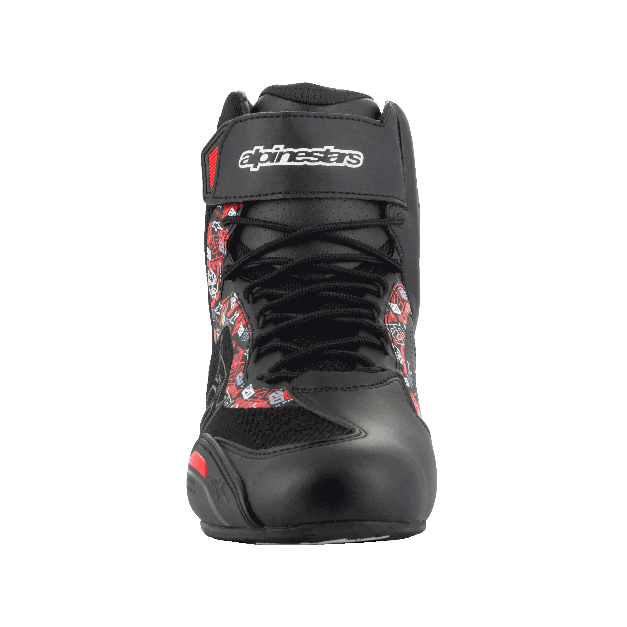 Alpinestars FQ20 Faster-3 Rideknit® Shoes, Motorcycle Riding Shoes, Black and Bright Red, front view featuring lace-up closure and hook and loop ankle strap with Alpinestars branding, graphic print on sides, sleek racing-inspired profile