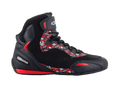 Alpinestars FQ20 Faster-3 Rideknit Shoes, Black high-top motorcycle riding shoes with bright red and white graphics, featuring Fabio Quartararo logos and patterns, knitted mesh upper with laces and ankle strap, sporty rubber sole with red accents, sleek racing-inspired design