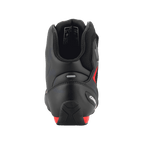 Alpinestars FQ20 Faster-3 Rideknit® Shoes, Black and Bright Red, rear view highlighting the contoured heel counter, reflective strip, and padded ankle collar, technical motorcycle riding footwear