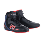 Alpinestars FQ20 Faster-3 Rideknit® Shoes, Motorcycle Riding Shoes, Black with Bright Red and Blue accents, featuring a bold '20' graphic on the side, breathable Rideknit mesh panels, lace-up closure with hook-and-loop strap, and a sporty racing-inspired design.