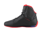 Alpinestars FQ20 Faster-3 Rideknit® Shoes, Motorcycle Riding Shoes, Black Bright Red and Blue, side profile view featuring 'EL DIABLO' text in red, red sole and collar lining, breathable mesh and microfiber construction with perforated side panels.