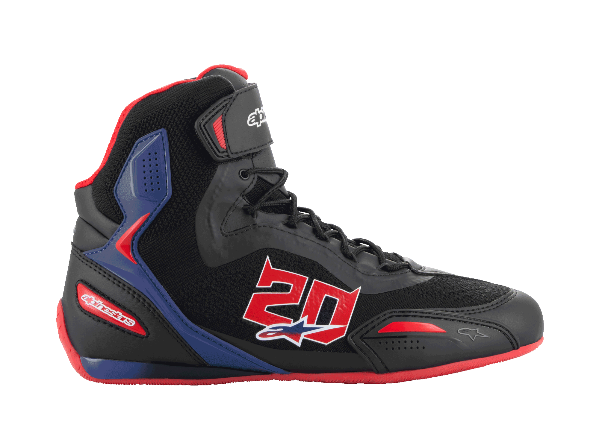Alpinestars FQ20 Faster-3 Rideknit Shoes, Black high-top motorcycle riding shoes with bright red and blue accents, featuring a large red number 20 on the side, red sole, black laces, and breathable Rideknit mesh and synthetic construction.