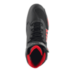 Alpinestars FQ20 Faster-3 Rideknit® Shoes, motorcycle riding shoes, Black with Bright Red and Blue accents, top-down view featuring breathable Rideknit® mesh, lace-up design, and padded red interior