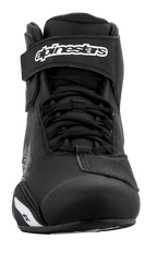 Alpinestars Sektor Shoes, Motorcycle Riding Shoes, Black and White, front view featuring speed lacing system and hook-and-loop ankle strap with white logo, sleek microfiber construction for road riding