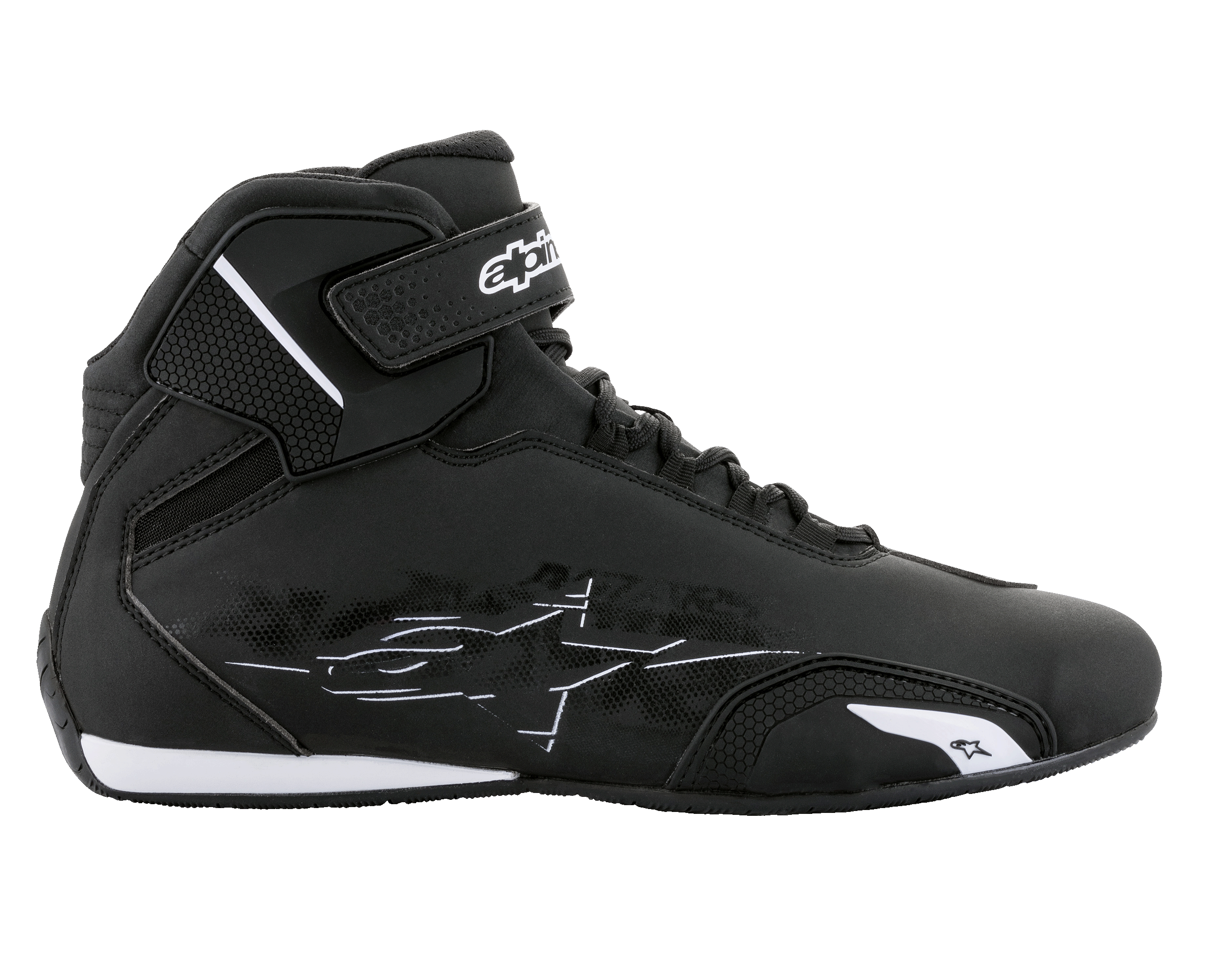 Buty Alpinestars Sektor, buty motocyklowe, czarno-białe, profil boczny z cholewką z lekkiej mikrofibry, systemem szybkiego sznurowania i paskiem na rzep na kostce z białym logo, elegancka konstrukcja ochronna do jazdy szosowej