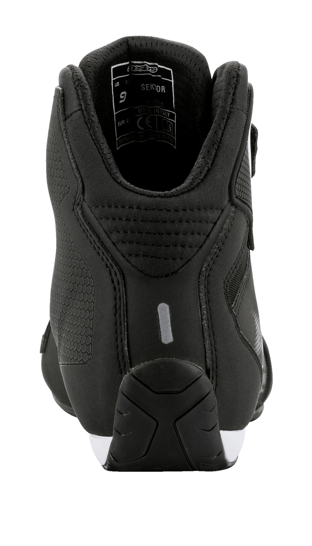 Alpinestars Sektor Shoes, Rear view, Black with white accents, featuring lightweight microfiber construction, a reflective heel tab, and padded ankle collar, sleek motorsport-inspired riding footwear