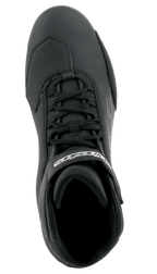 Alpinestars Sektor Shoes, Motorcycle Riding Shoes, Black with white branding, top-down view featuring speed lacing system, hook-and-loop ankle strap, and TPR toe reinforcement