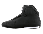 Alpinestars Sektor Shoes, Black and White motorcycle riding shoes, high-top profile, speed lacing system with ankle strap, textured microfiber chassis, white sole detailing at the heel, sleek protective footwear for road riding