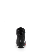Alpinestars Sektor Shoe, buty motocyklowe, czarno-biało-czerwone fluo, widok z tyłu skupiający się na pięcie i wewnętrznej wyściółce kostki, eleganckie wykończenie z mikrofibry do użytku sportowego i szosowego