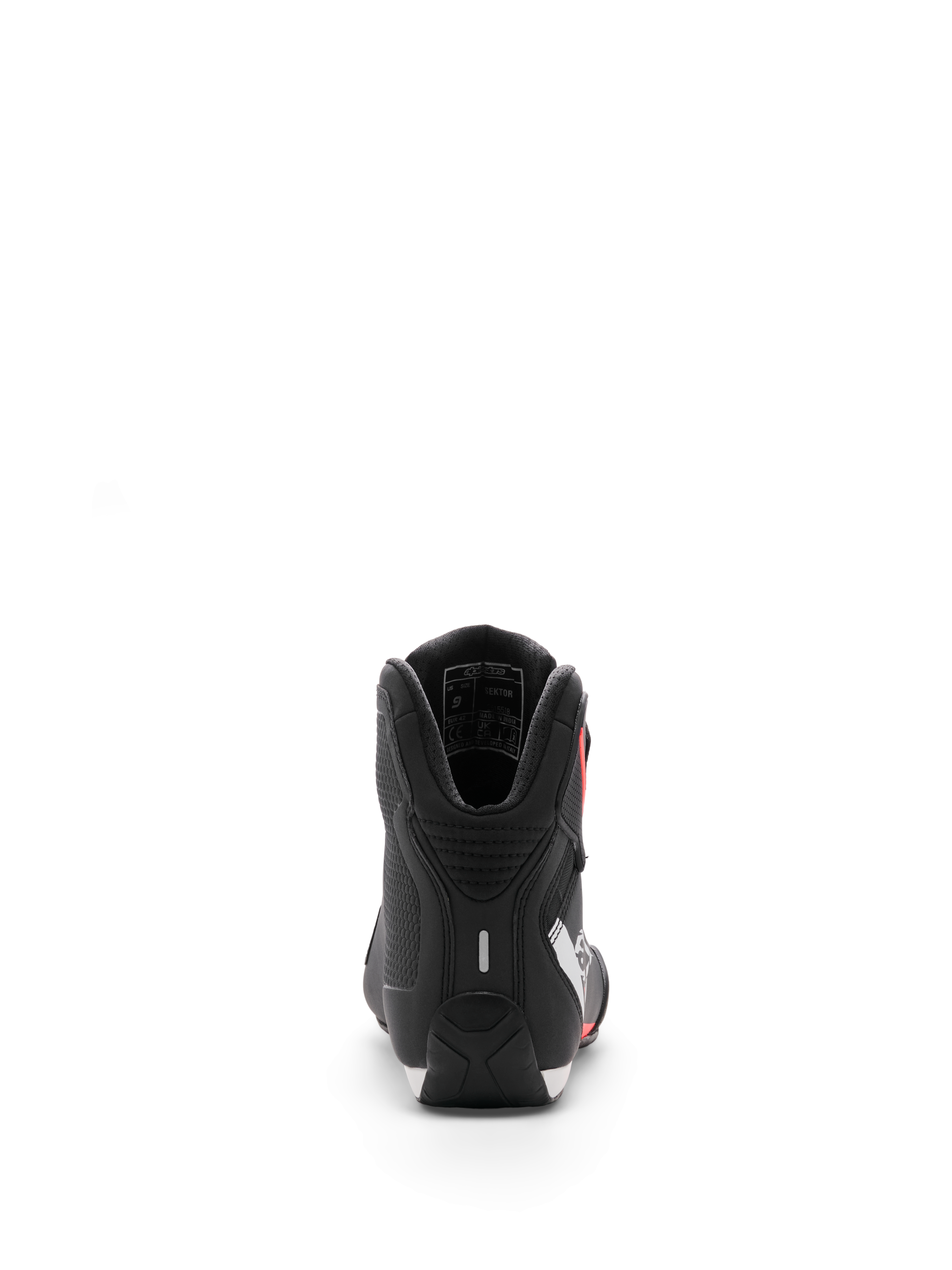 Alpinestars Sektor Shoe, buty motocyklowe, czarno-biało-czerwone fluo, widok z tyłu skupiający się na pięcie i wewnętrznej wyściółce kostki, eleganckie wykończenie z mikrofibry do użytku sportowego i szosowego