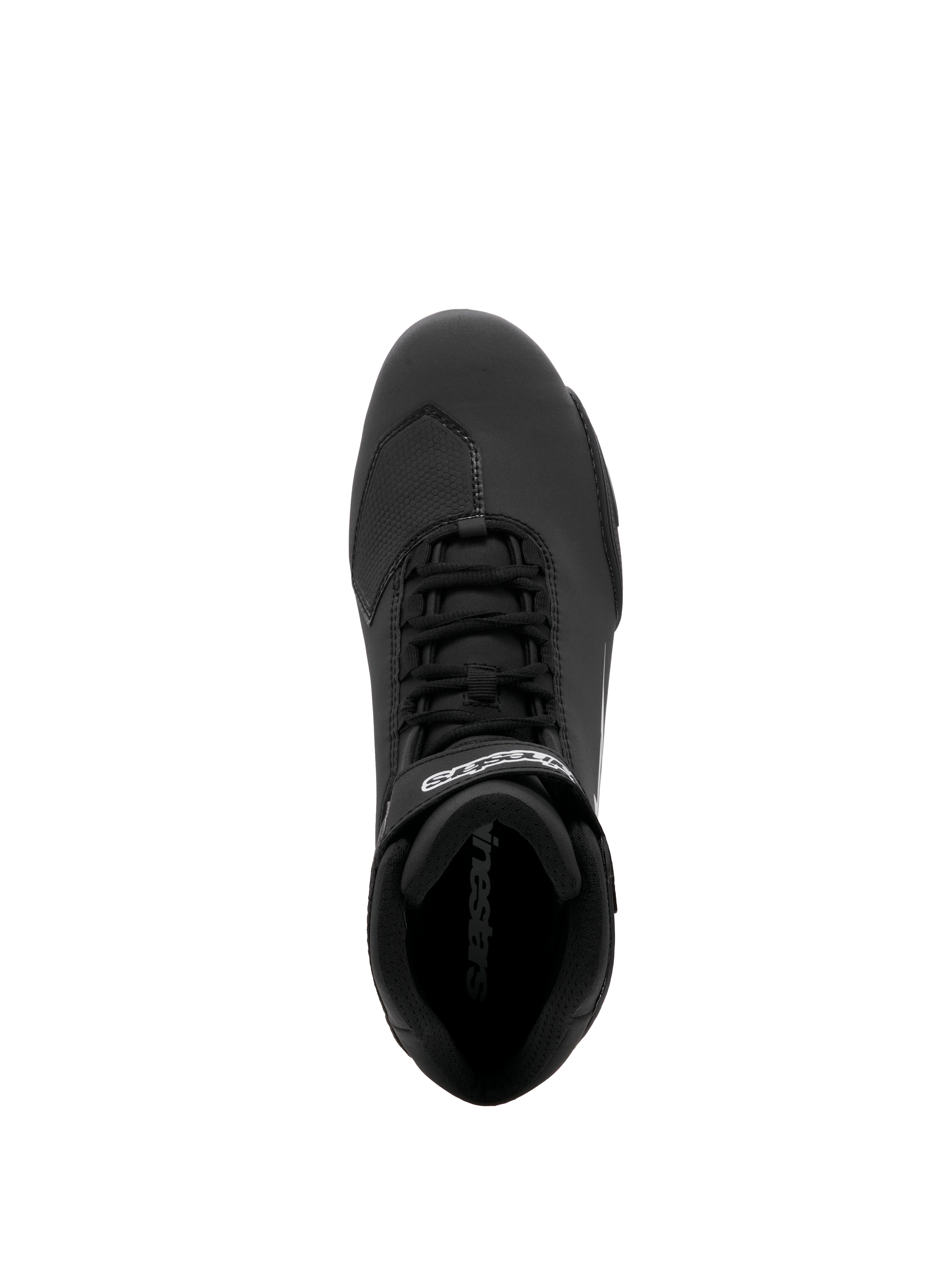 Buty Alpinestars Sektor, buty motocyklowe, czarne, widok z góry przedstawiający system szybkiego sznurowania i bezpieczny pasek na kostkę z białym logo, lekka konstrukcja z mikrofibry