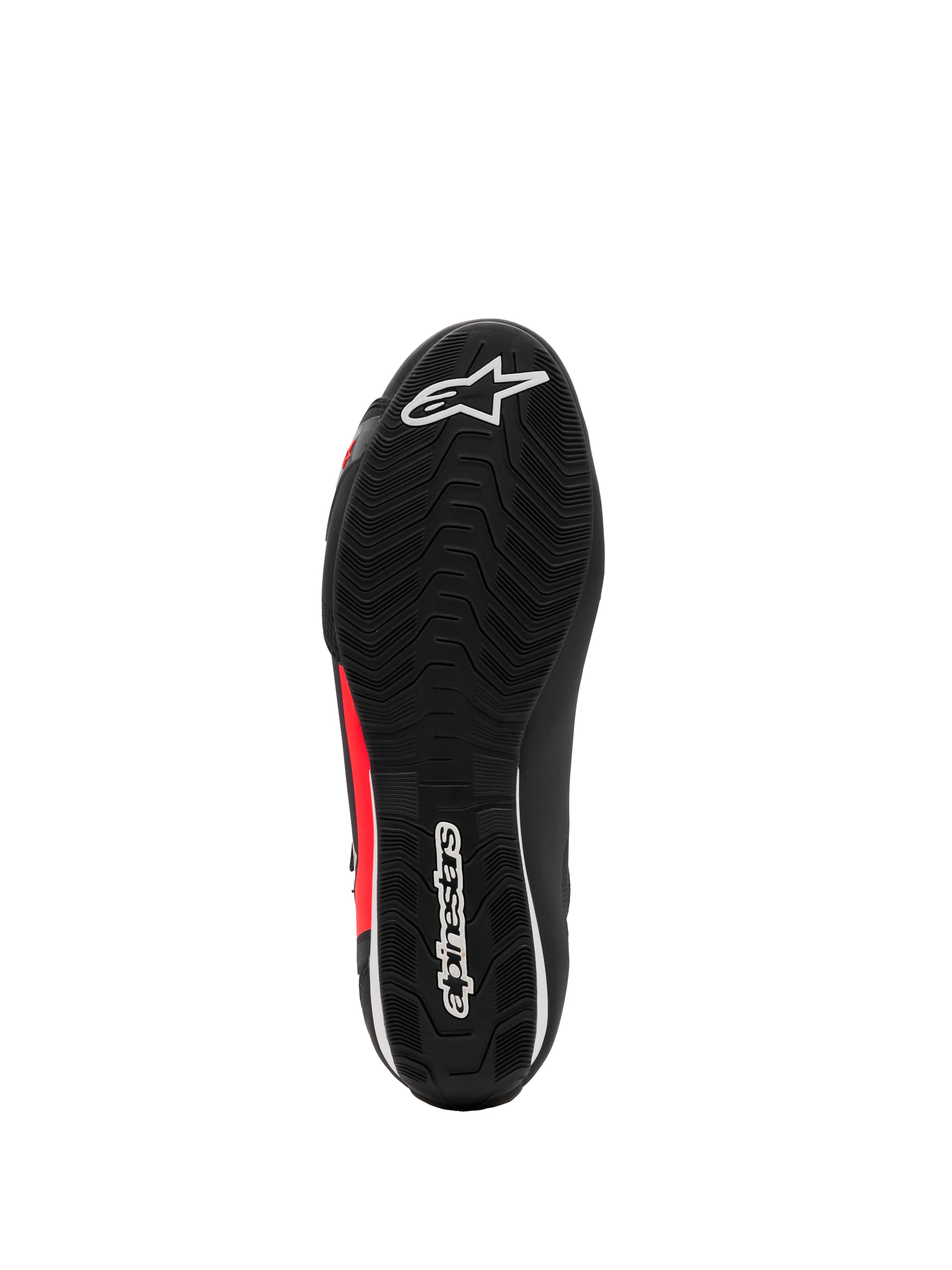 Buty Alpinestars Sektor, motocyklowe buty do jazdy, czarno-biało-czerwone fluo, widok od spodu prezentujący teksturowaną gumową podeszwę z białymi logo i czerwonymi akcentami, lekka konstrukcja do jazdy szosowej