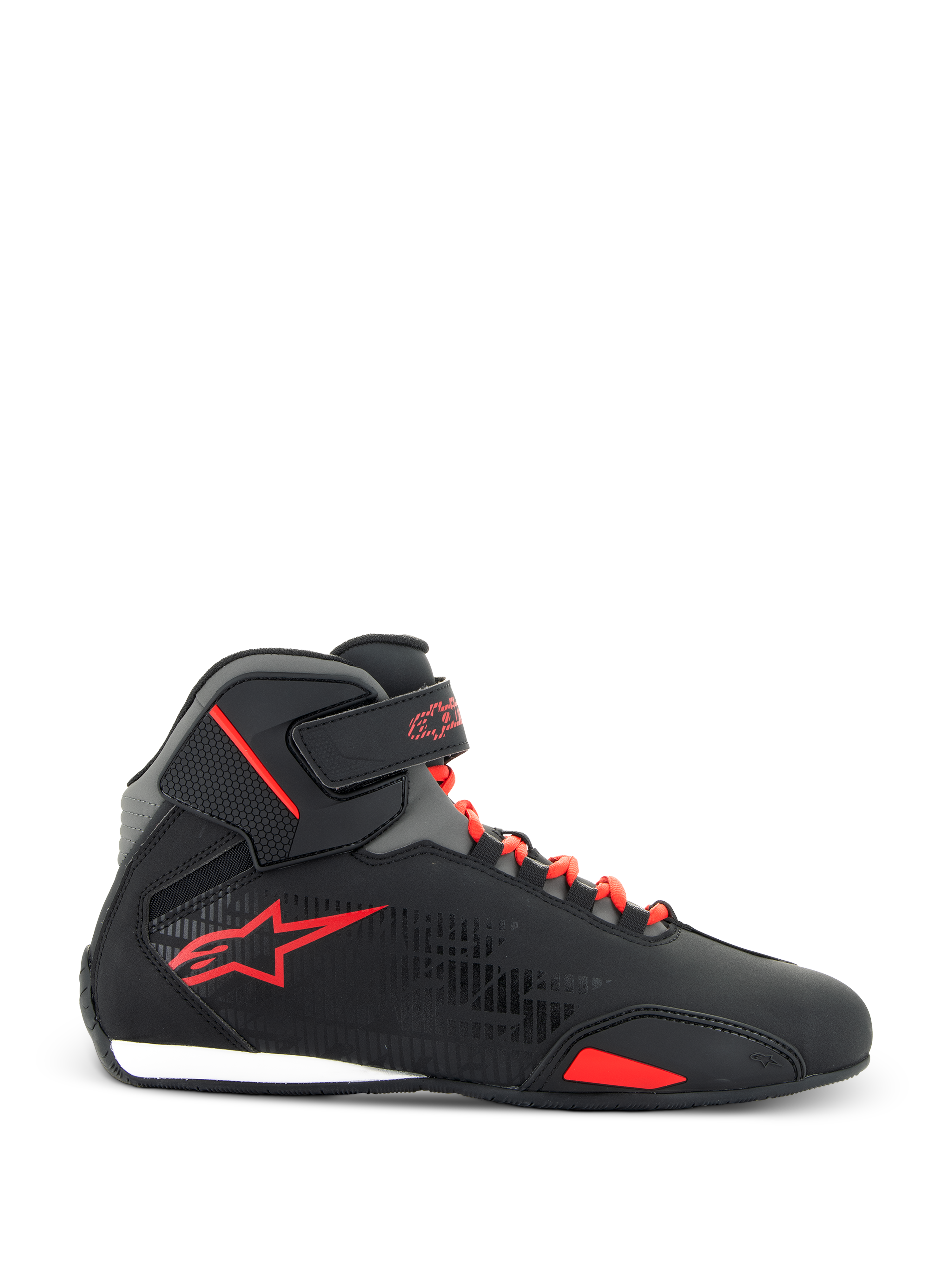 Alpinestars Sektor Shoes, Motorcycle Riding Shoes, Black and Bright Red, side view showing black microfiber upper, bright red laces, red star logo, and adjustable ankle strap, sleek design for road and sport riding