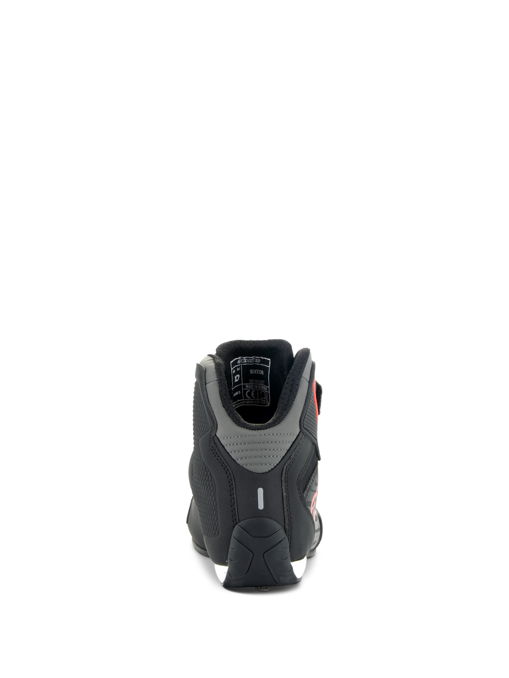 Buty Alpinestars Sektor, buty motocyklowe, czarno-jaskrawoczerwone, widok z tyłu pokazujący szare panele na pięcie i pasek odblaskowy, lekka konstrukcja z mikrofibry do jazdy szosowej