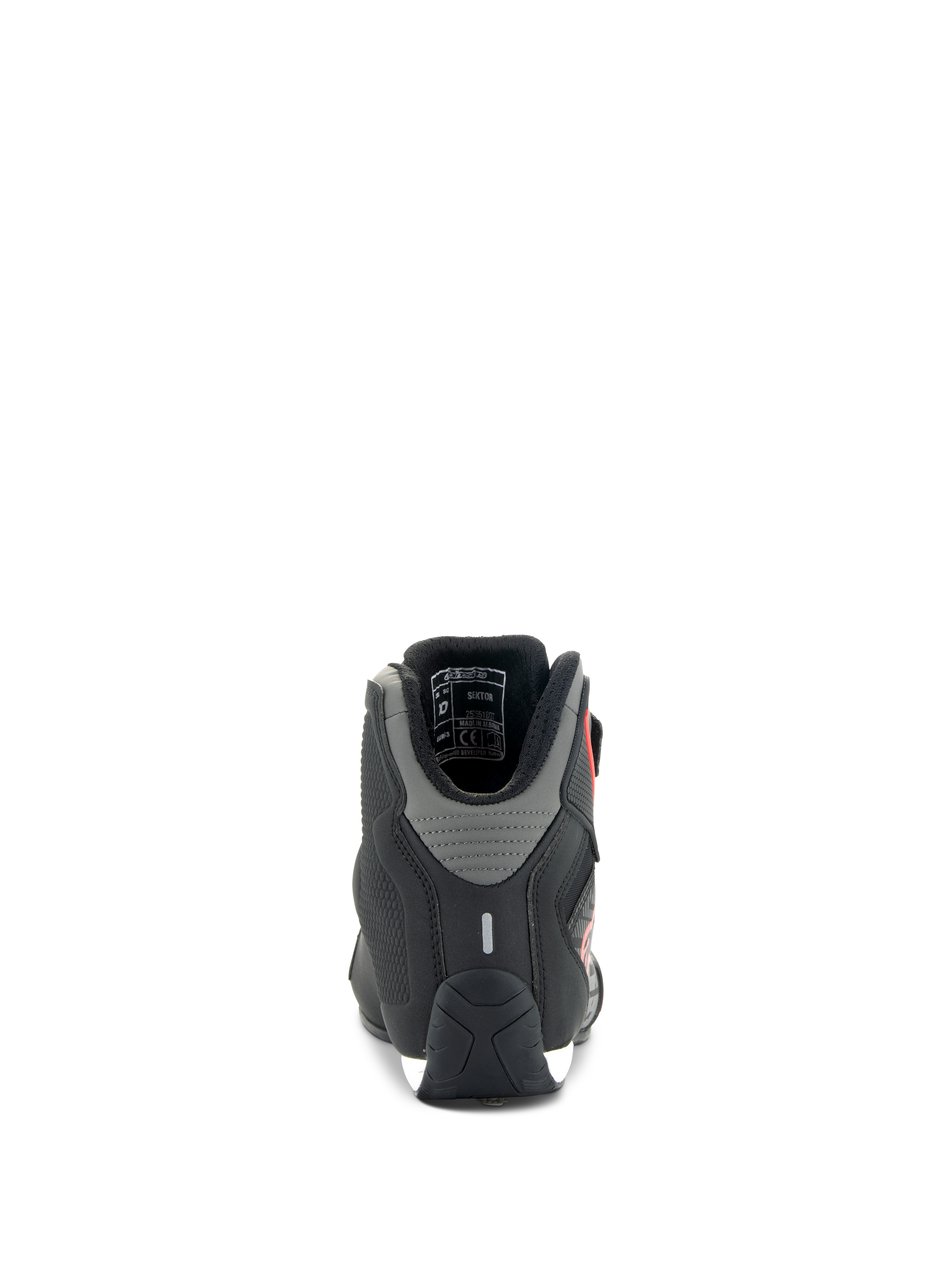 Buty Alpinestars Sektor, buty motocyklowe, czarno-jaskrawoczerwone, widok z tyłu pokazujący szare panele na pięcie i pasek odblaskowy, lekka konstrukcja z mikrofibry do jazdy szosowej