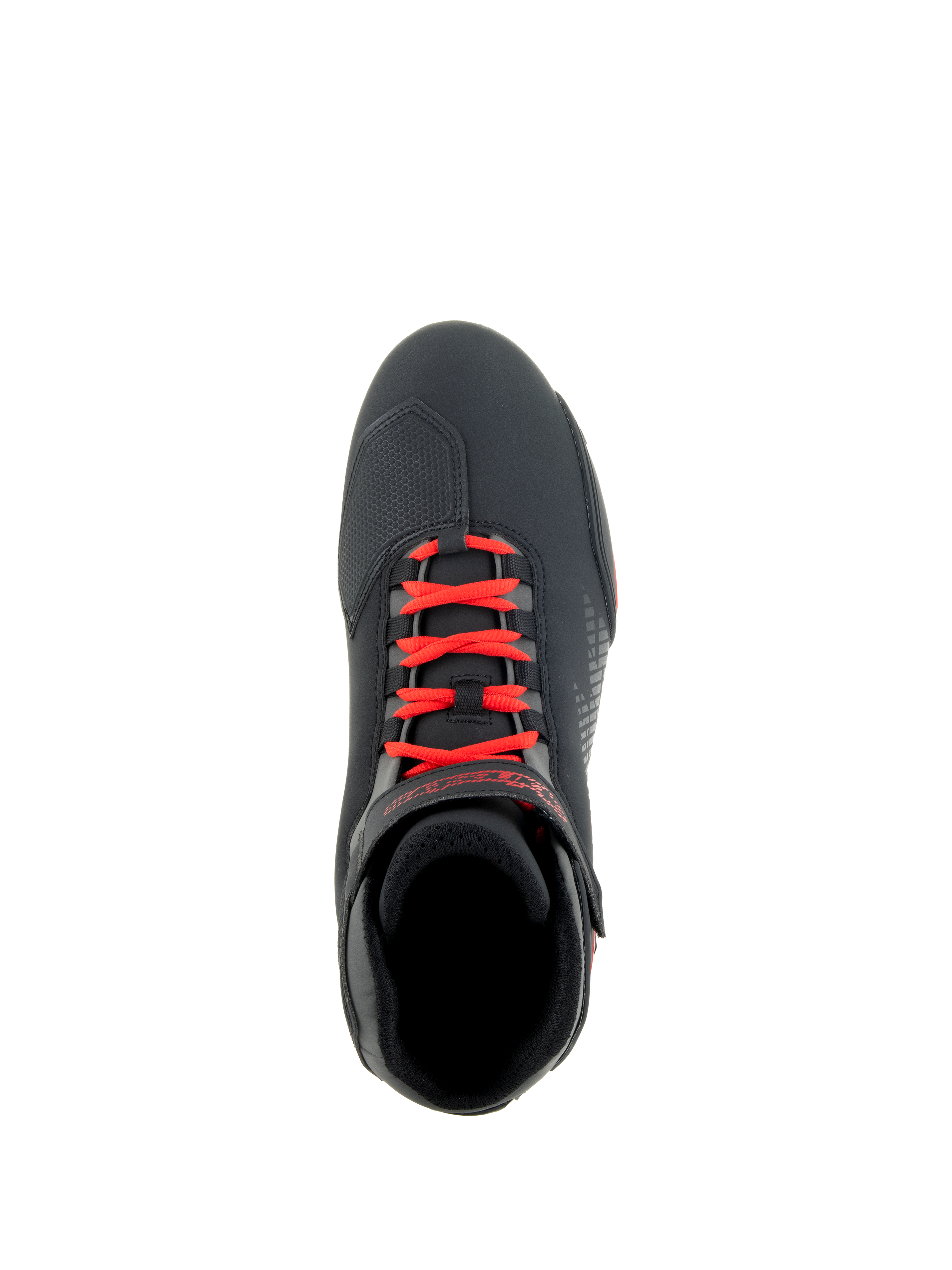 Alpinestars Sektor Shoes, czarne i jaskrawoczerwone, widok z góry na but motocyklowy, jaskrawoczerwone sznurowadła i regulowany pasek na kostkę, smukła cholewka z mikrofibry ze wzmocnieniem pod dźwignię zmiany biegów, sportowy design do jazdy szosowej