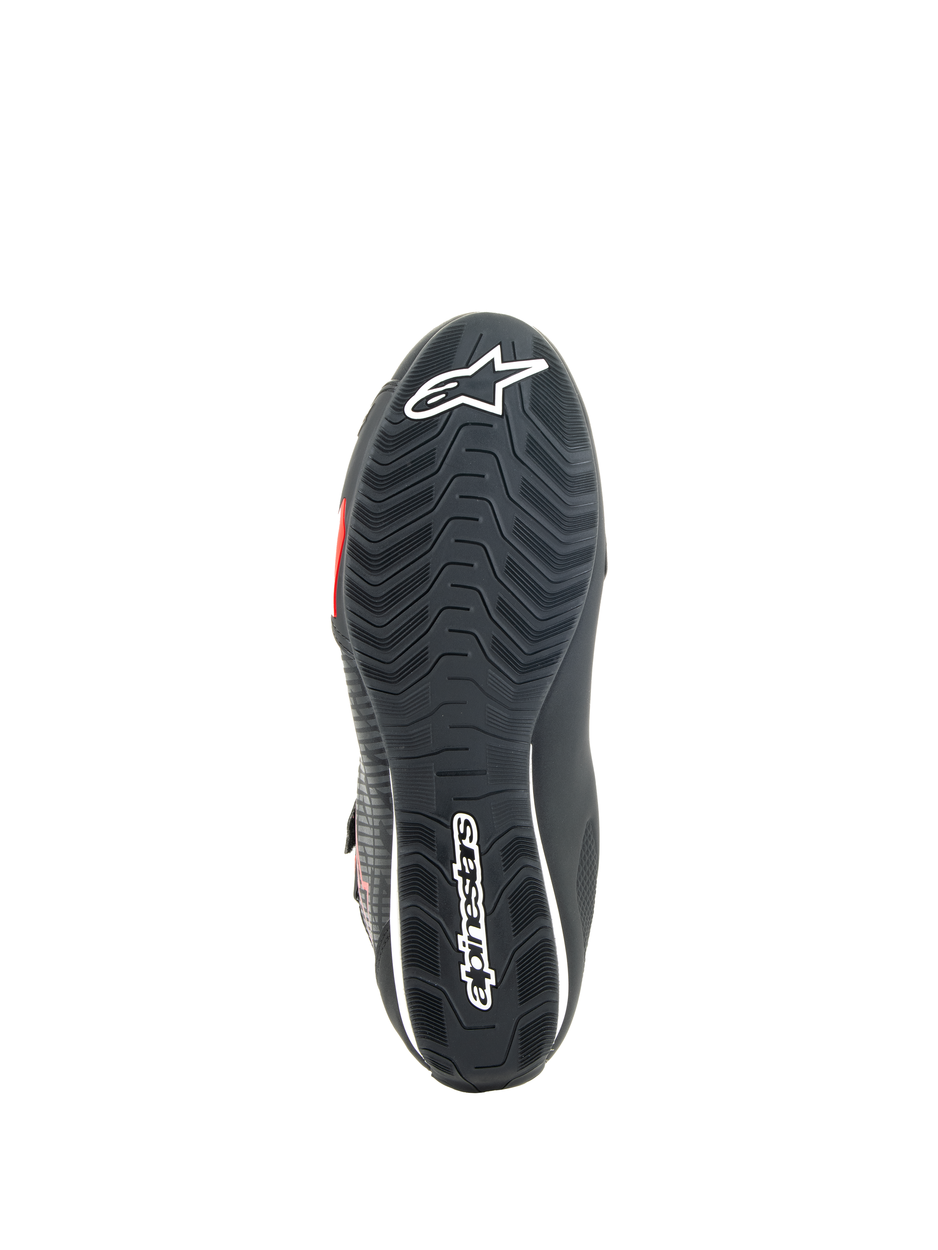 Buty Alpinestars Sektor, buty motocyklowe, czarno-czerwone, widok od dołu teksturowanej gumowej podeszwy z białym logo Alpinestars i zintegrowanym trzonem wspierającym dla przyczepności i stabilności.