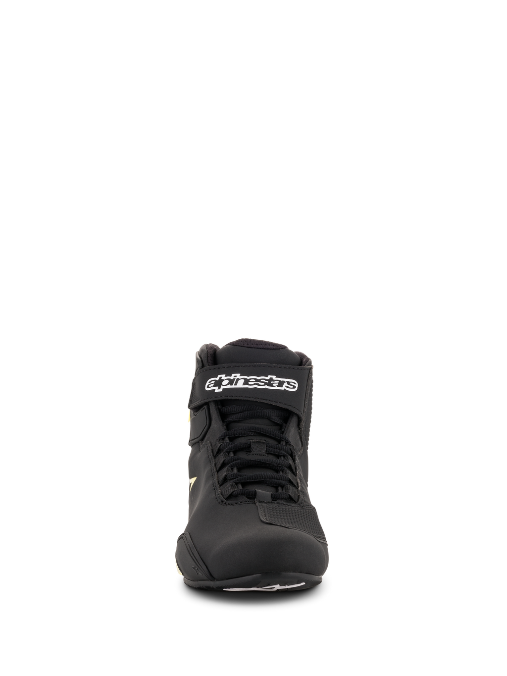 Buty Alpinestars Sektor, buty motocyklowe, czarne z żółtymi elementami fluo, widok z przodu przedstawiający system szybkiego sznurowania, pasek na kostkę z białym logo i lekka konstrukcja z mikrofibry