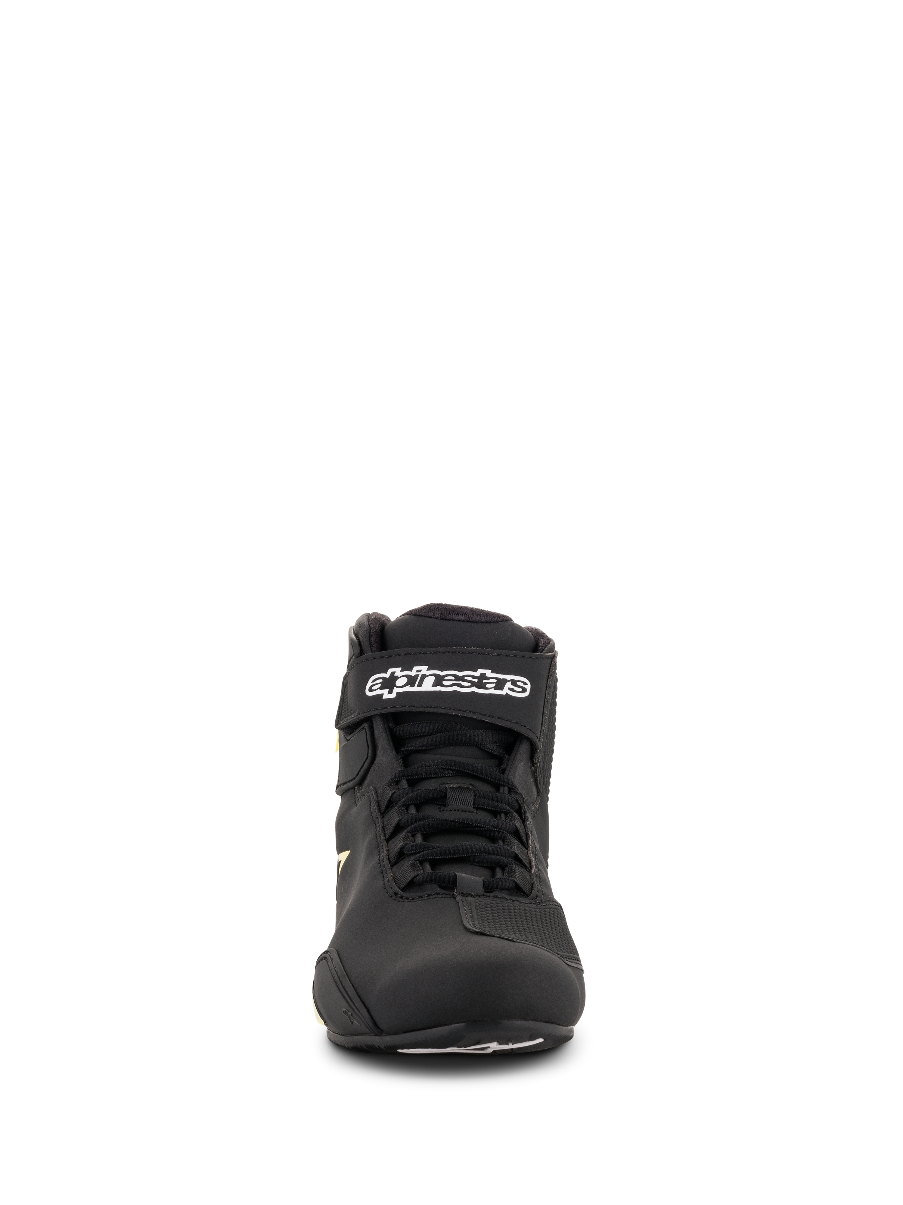Buty Alpinestars Sektor, buty motocyklowe, czarne z żółtymi elementami fluo, widok z przodu przedstawiający system szybkiego sznurowania, pasek na kostkę z białym logo i lekka konstrukcja z mikrofibry