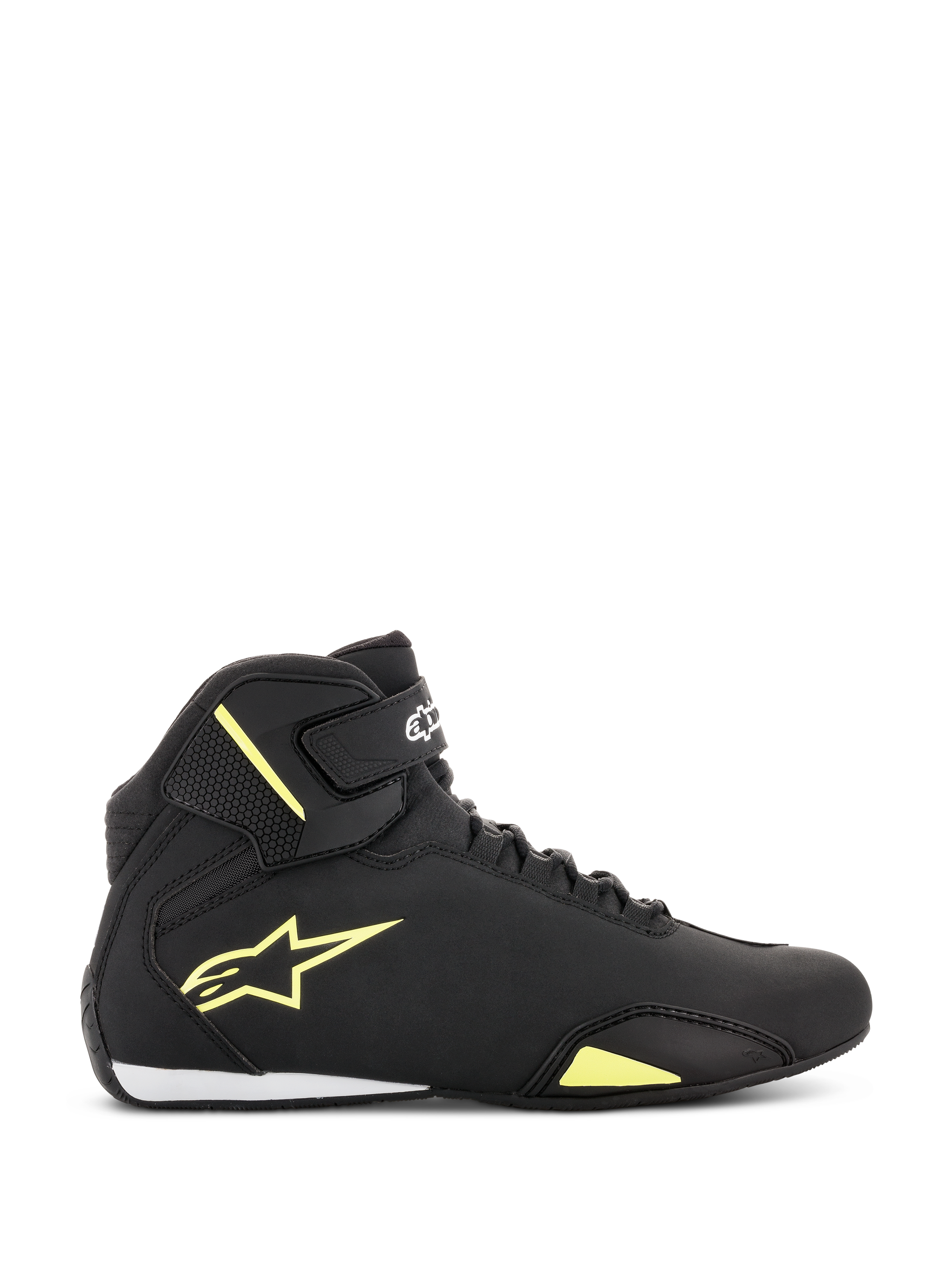 Buty Alpinestars Sektor, buty motocyklowe, czarno-żółte fluorescencyjne, widok z boku ukazujący żółte logo gwiazdy, pasek na kostkę z brandingiem oraz biały akcent na pięcie na smukłej cholewce z mikrofibry