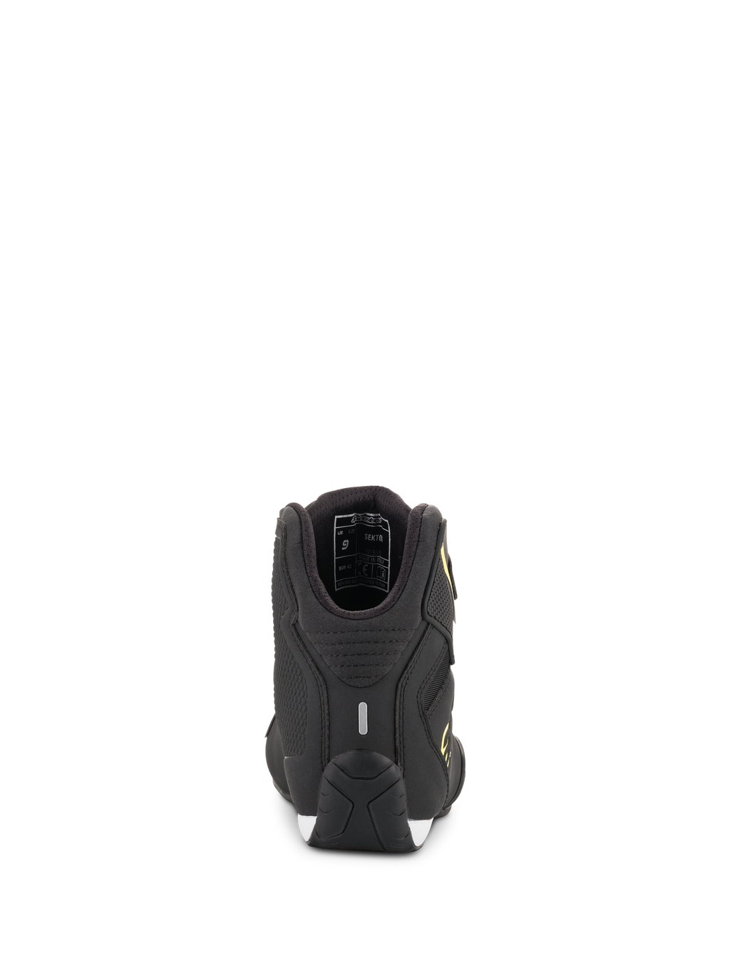 Alpinestars Sektor Shoes, buty motocyklowe, czarno-żółte fluo, widok z tyłu przedstawiający piętę z paskiem odblaskowym i detale wewnętrznej wyściółki, teksturowana podeszwa